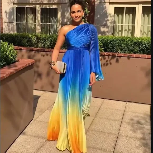 MAC DUGGAL 49903 Blue Ombre Pleated Charmeuse One-Shoulder Gown Dress 6 FLAWS - Picture 2 of 16